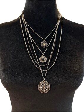 Layered Silver-Tone Necklace With Ornamental Circular Pendants